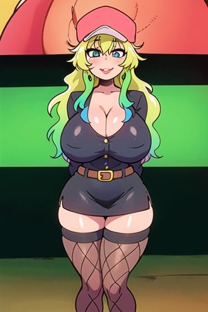 Lucoa_Quetzalcoatl, blonde_hair, masterpiece, best_quality, multicolored_hair, heterochromia, blue_eyes, 1girl, hoop_earrings, breasts, solo, police, earrings, full_body, high_heels, bursting_breasts, lipstick, jewelry, police uniform, makeup, hat, smiling, uniform, huge_breasts, thighhighs, policewoman, skirt, fishnets, cleavage, brown eyes, arms_behind_back, thighs, thick_thighs, fishnet_thighhighs, belt, curvy, miniskirt, lips, gradient, gigantic_breasts,Lucoa_Quetzalcoatl 