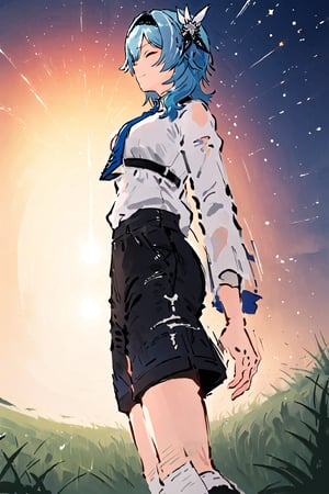 eula, medium hair, sidelocks hair between eyes, black hairband, hair ornament, bangs, solo, standing, white shirt, blue tie, black shorts, white socks, view from side and below, closed eyes, smiling, sunset sky, earth ground, grass, sketch, particles, grains, minimalistic, doodle, rough outlines, motion lines