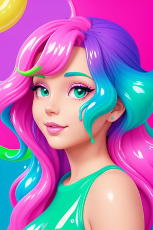 pink background, [girl : green viscous slimy puddle : 12], slime, paint splash, wet, artstation, by Lisa Frank, (cartoon, anime, flat colours, thin contours, pastel : 1.3), closeup