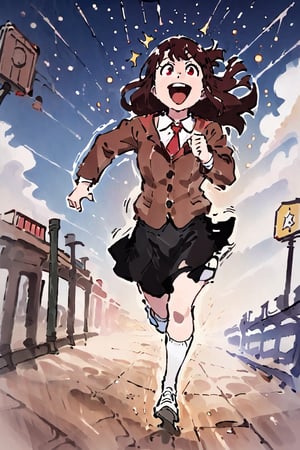 akkokagari, solo, brown long straight hair, sidelocks, bangs, red eyes, running, happy, open mouth, white shirt, red tie, brown opened jacket, black skirt, white socks, view from below, pavement ground, blue sky at background, sketch, particles, grains, minimalistic, doodle, rough outlines, motion lines