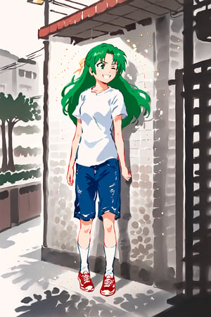 shi, green hair, long hair, green eyes, hair ribbon, standing, one eye closed, smiling, leaning on wall, blue jeans shorts, white t-shirt, red sneakers, white socks, street with shops, backyard, sketch, particles, grains, minimalistic, rough outlines