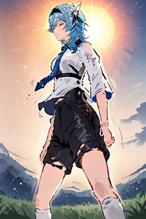 eula, medium hair, sidelocks hair between eyes, black hairband, hair ornament, bangs, solo, standing, white shirt, blue tie, black shorts, white socks, view from side and below, closed eyes, smiling, sunset sky, earth ground, grass, sketch, particles, grains, minimalistic, doodle, rough outlines, motion lines