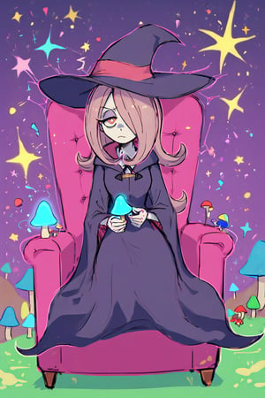 Sucy_Manbavaran, solo, purple cloak, black witch hat, sitting in pink leather armchair, mushrooms on armchair, :(, holding a green mushroom in right hand, pink and blue mushroom field at background, puple sky with stars, (rough_sketch, particles, grains, minimalistic, doodle : 1.2), glitter, rough outlines, colourful, glowing, glowneon, sparks, paint splits