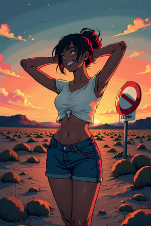 a 25 years old taned girl with black short hair tied in bun and yellow eyes, hands up, wearing white top, belly exposed, wearing blue jeans shorts with chain on side, no shoes, view from below, dutch angle, looking to the side, grinning, eyes half opened, girl standing on sand ground, round road sign near girl prohibiting "cum" text, dawn sky and flat desert at background, twilight, sketchy rough minimalistic art style, flat colours, white particles, red-orange-blue color set