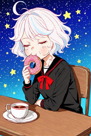 blue background, 1girl, mdsktch sketch of [furinanrml | potato], white hair, small eyes, wide cheeks, :3, closed eyes, school outfit, red short tie, black shirt, sitting at the table with tea cup, eating donut, (pastel : 1.2), rough outlines, gradient, particles, stars, lineart