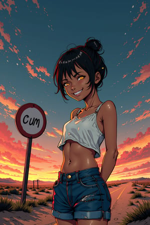 a 25 years old taned girl with black short hair tied in bun and yellow eyes, hands up and behind head, wearing white top, belly exposed, wearing blue jeans shorts with chain on side, no shoes, view from below, dutch angle, looking to the side, grinning, eyes half opened, girl standing on sand ground, round road sign near girl prohibiting "cum" text, dawn sky and flat desert at background, twilight, sketchy rough minimalistic art style, flat colours, white particles, red-orange-blue color set, white particles and granules