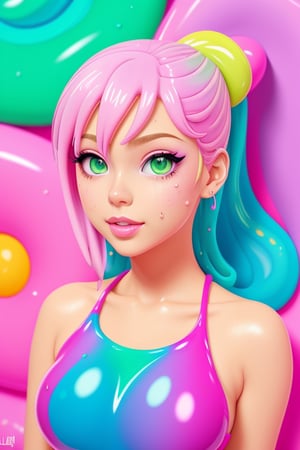 pink background, [girl : green viscous slimy puddle : 12], slime, paint splash, wet, artstation, by Lisa Frank, (cartoon, anime, flat colours, thin contours, pastel : 1.3), closeup