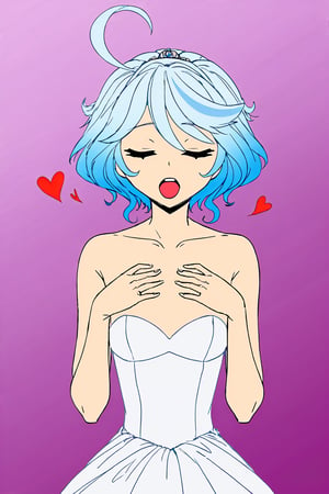 1girl, mdsktch sketch of furina, light blue and white short hair, large eyes, wedding dress, hands on chest, view from the front, closed eyes, :), open mouth, cartoon, action_lines, line_art, pencil_art, colourful, flat colours, purple simple background, gradient, hearts