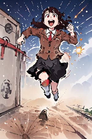 akkokagari, solo, brown long straight hair, sidelocks, bangs, red eyes, running, happy, open mouth, white shirt, red tie, brown opened jacket, black skirt, white socks, view from below, pavement ground, blue sky at background, sketch, particles, grains, minimalistic, doodle, rough outlines, motion lines