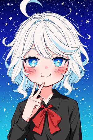 blue background, 1girl, mdsktch sketch of [furinanrml | potato], white hair, small eyes, wide cheeks, flush, :3, half opened eyes, school outfit, red short tie, black shirt, looking at the viewer, left hand up, (pastel : 1.2), rough outlines, gradient, particles, stars, lineart
