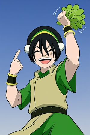 toph beifong, short black hair, closed eyes, bruise under left eye, open mouth, happy, brown dirty cloak, standing, holding cabbage, one hand up, blue sky, view from below, colorful, rough outlines, flat colours, pop art, comics, motion lines, particles, sketch