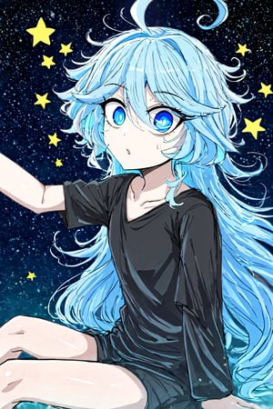 mdsktch sketch of furinanrml, light blue hair, looking at the viewer, sightly surprised, :o, sitting, simple background, rough outlines, flat colours, particles, stars, water drops