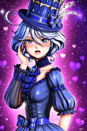 [furina | glass figure], blue and white short hair, blush, open mouth, eyes half closed, view from the side, looking at the viewer, left hand on cheek, dark blue victorian dress with laces, blue hat, (hearts : 1.2), glitter, particles, 3d, hdr, rtx, octane render, shiny, glassy, glare, water drops, purple background