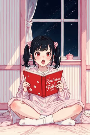 a 12 years old girl with black short hair and two short pigtails and red eyes, wearing light pink nightgown with white flowers pattern and laces, wearing long white socks with light pink ribbon, girl sitting on floor with crossed legs on light pink mat, girl holding a red book with large text on cover "Kochoba's failures", girl expresses surprising with open mouth and looking to the book, camera looking from below, on background white-pink stripped wallpaper walls with tall window, beyond window night sky, pink tea cup standing near girl, sketchy rough minimalistic art style, flat colours, white particles, red-pink-purple shades palette, particles