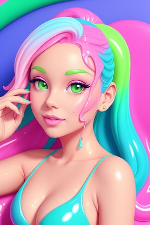 pink background, [girl : green viscous slimy puddle : 12], slime, paint splash, wet, artstation, by Lisa Frank, (cartoon, anime, flat colours, thin contours, pastel : 1.3), closeup