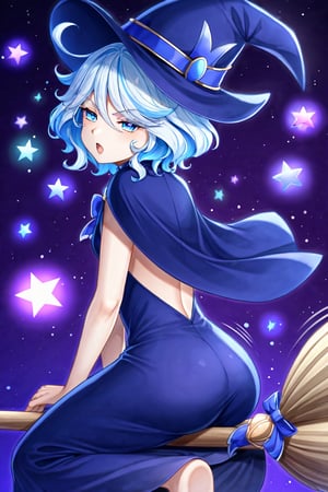 furinanrml, blue and white short hair, eyes half closed, open mouth, happiness, witch hat, dark blue cloak, sitting on a broom, looking from the side, looking at the viewer, motion lines, stars, bubbles, magic, 2.5d, colourful, dark purple background, glare, particles, (intricate details : 0.6), art_booster