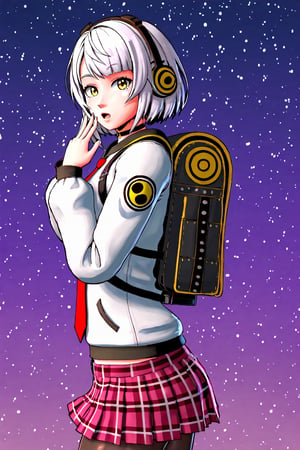 anby demara, white short straight hair, yellow eyes, headphones, (surprised : 0.8), :o, choker, view from side, looking at the viewer, left hand up, white shirt, red tie, backpack, short checkered skirt, black pantyhose, standing, night sky, stars, glitter, shiny, particles, 3d style, pink light, hdr, shading