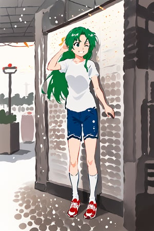 shi, green hair, long hair, green eyes, hair ribbon, standing, one eye closed, smiling, leaning on wall, blue jeans shorts, white t-shirt, red sneakers, white socks, street with shops, backyard, sketch, particles, grains, minimalistic, rough outlines