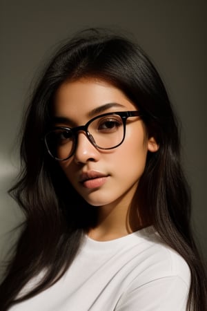 a 20 yo woman name Elianna Chandra, white_shirt, glasses, brunette, dark theme, soothing tones, muted colors, high contrast, (natural skin texture, soft light, sharp),Detailedface,meily_miaa