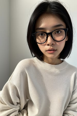 a 20 yo woman name Elianna Chandra, white oversized sweater, glasses, brunette, Indonesian, cute face, asian, tanned skin, medium short hair, thick glasses frame, square jaw, narrow face, thin lips, natural lip, bright brown eyes,ded1,arshadArt,SAM YANG,asian girl,meily_miaa