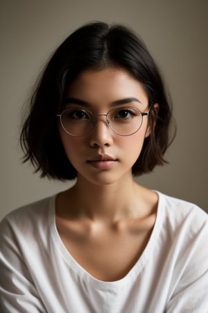 a 20 yo woman name Elianna, white_shirt, glasses, brunette, dark theme, soothing tones, muted colors, high contrast, (natural skin texture, soft light, sharp),Detailedface, 