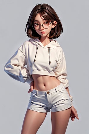 a 20 yo woman name Elianna Chandra, white hoodie, short pants, glasses, brunette, Indonesian, cute face, asian, tanned skin, medium short hair, thick glasses frame, square jaw, narrow face, thin lips, natural lip, bright brown eyes,ded1