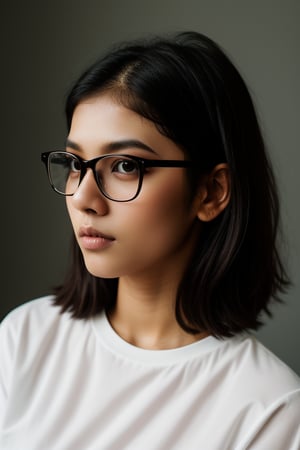 a 20 yo woman name Elianna Chandra, white_shirt, glasses, brunette, dark theme, soothing tones, muted colors, high contrast, (natural skin texture, soft light, sharp),Detailedface,