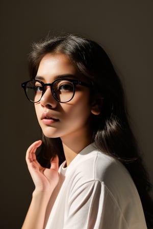 a 20 yo woman name Elianna Chandra, white_shirt, glasses, brunette, dark theme, soothing tones, muted colors, high contrast, (natural skin texture, soft light, sharp),Detailedface,meily_miaa