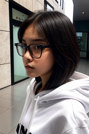 a 20 yo woman, white hoodie, glasses, brunette, Indonesian, cute face, asian, tanned skin, medium short hair, thick glasses frame, square jaw, narrow face, thin lips, natural lip, closed mouth, bright brown eyes, meily_miaa