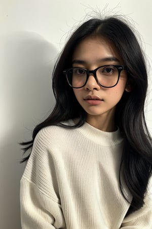 a 20 yo woman name Elianna Chandra, white oversized sweater, glasses, brunette, Indonesian, cute face, asian, tanned skin, medium short hair, thick glasses frame, square jaw, narrow face, thin lips, natural lip, bright brown eyes,ded1,arshadArt,SAM YANG,asian girl,meily_miaa