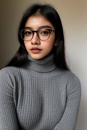 a 20 yo woman name Elianna Chandra, gray turtleneck, glasses, brunette, dark theme, soothing tones, muted colors, high contrast, (natural skin texture, soft light, sharp),Detailedface,meily_miaa