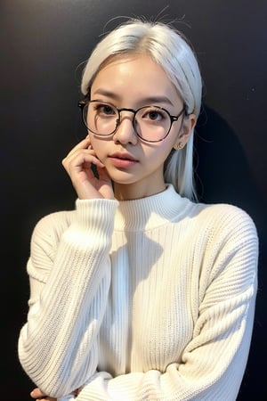 a 20 yo woman name Elianna Chandra, white sweater, black round glasses, white hair, Indonesian, cute face, asian, tanned skin, medium length hair, square jaw, narrow face, thin lips, natural lip, bright brown eyes.