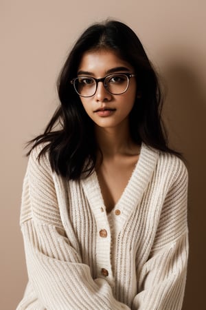 a 20 yo woman name Elianna Chandra, white oversize sweater, glasses, brunette, dark theme, soothing tones, muted colors, high contrast, (natural skin texture, soft light, sharp),Detailedface,meily_miaa