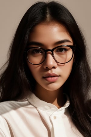 a 20 yo woman name Elianna Chandra, white_shirt, glasses, brunette, dark theme, soothing tones, muted colors, high contrast, (natural skin texture, soft light, sharp),Detailedface,meily_miaa