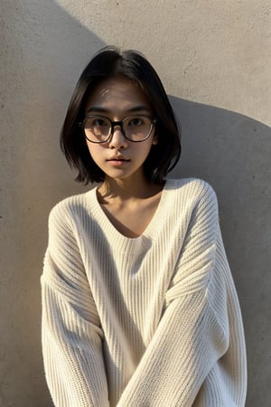 a 20 yo woman name Elianna Chandra, white oversized sweater, glasses, brunette, Indonesian, cute face, asian, tanned skin, medium short hair, thick glasses frame, square jaw, narrow face, thin lips, natural lip, bright brown eyes, asian girl, meily_miaa