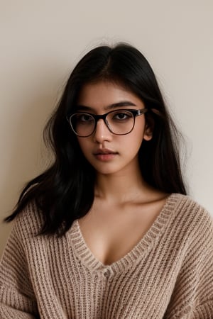 a 20 yo woman name Elianna Chandra, white oversize sweater, glasses, brunette, dark theme, soothing tones, muted colors, high contrast, (natural skin texture, soft light, sharp),Detailedface,meily_miaa
