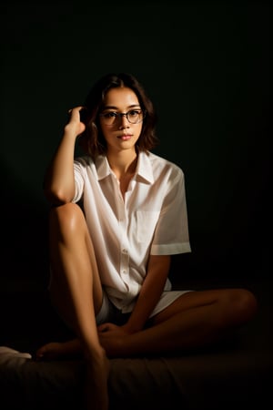 a 20 yo woman, white_shirt, glasses, brunette, dark theme, soothing tones, muted colors, high contrast, (natural skin texture, soft light, sharp),Detailedface, 