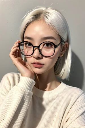 a 20 yo woman name Elianna Chandra, white sweater, black round glasses, white hair, Indonesian, cute face, asian, tanned skin, medium length hair, square jaw, narrow face, thin lips, natural lip, bright brown eyes.