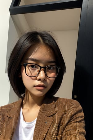 a 20 yo woman, red blazer, glasses, full body, brunette, Indonesian, cute face, asian, tanned skin, medium short hair, thick glasses frame, square jaw, narrow face, thin lips, natural lip, closed mouth, bright brown eyes, meily_miaa