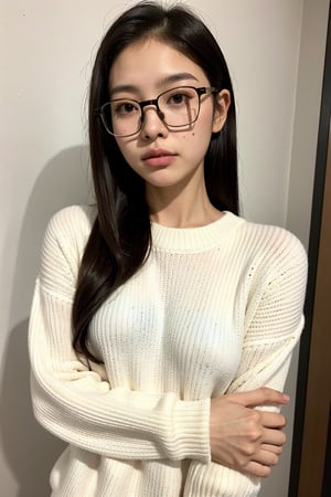 a 20 yo woman name Elianna Chandra, white sweater, glasses, brunette, Indonesian, cute face, asian, tanned skin, medium length hair, thick glasses frame, square jaw, narrow face, thin lips, natural lip, bright brown eyes