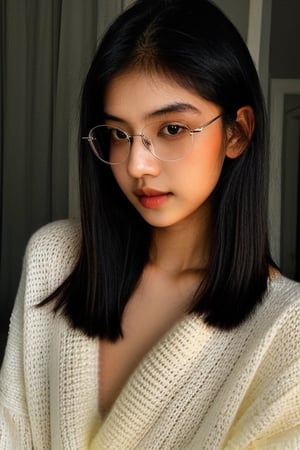 a 20 yo woman name Elianna Chandra, white oversize sweater, glasses, silver white hair, dark theme, soothing tones, muted colors, high contrast, (natural skin texture, soft light, sharp)
