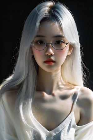 a 20 yo woman name Elianna Chandra, black shirt, glasses, silver white hair, dark theme, soothing tones, muted colors, high contrast, (natural skin texture, soft light, sharp)