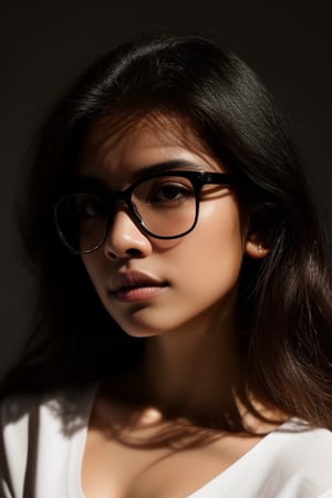 a 20 yo woman name Elianna Chandra, white_shirt, glasses, brunette, dark theme, soothing tones, muted colors, high contrast, (natural skin texture, soft light, sharp),Detailedface,meily_miaa