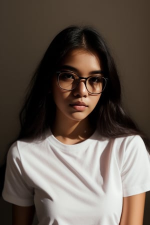 a 20 yo woman name Elianna Chandra, white_shirt, glasses, brunette, dark theme, soothing tones, muted colors, high contrast, (natural skin texture, soft light, sharp),Detailedface,meily_miaa