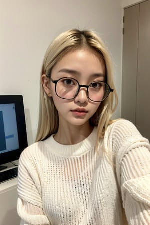 a 20 yo woman name Elianna Chandra, white sweater, black glasses, blonde, Indonesian, cute face, asian, tanned skin, medium length hair, square jaw, narrow face, thin lips, natural lip, bright brown eyes.