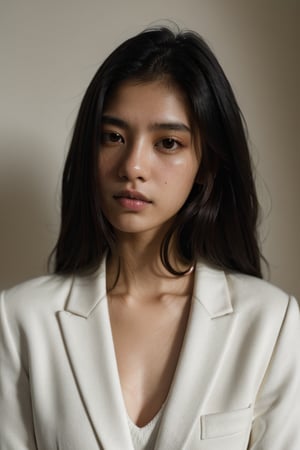 a 20 yo woman name Elianna Chandra, white blazer (module) , glasses, brunette, dark theme, soothing tones, muted colors, high contrast, (natural skin texture, soft light, sharp),Detailedface,Detailedeyes,