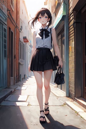 (masterpiece:1.2), best quality, masterpiece, highres, original, extremely detailed wallpaper, perfect lighting,(extremely detailed CG:1.2), BREAK young girl, white sleeveless blouse, black skirt, sandals