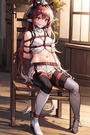 (masterpiece:1.2), best quality, masterpiece, highres, original, extremely detailed wallpaper, perfect lighting,(extremely detailed CG:1.2), BREAK ((yato, normal, midriff, white long boots)), BREAK ((sitting, chair, arms behind back, bound arm, bound wrists, wrists behind waist, rope bondage, shibari over clothes)), ((clv)), ((darkness, dungeon)),bound arms