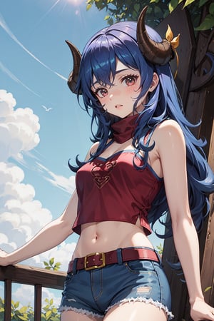 2d, masterpiece, best quality, anime, highly detailed, 1girl, solo, cowboy shot, BREAK blue hair, horns, midriff, ((camisole)), ((bare arms)), bare shoulders, denim shorts, BREAK outdoors, park