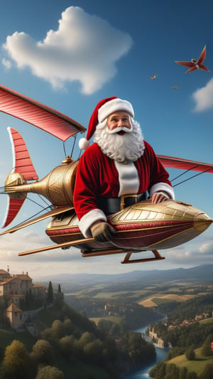 ((masterpiece: 1.2),(best quality, ultra detailed, photorealistic: 1.37) high quality, high definition, super detailed, unreal engine, Ultra realistic illustration, cinematic lighting, hyper-realistic photography captured with the best camera, HDR, silk, volume, Leonardo Da Vinci style, ((Santa Claus on Leonardo Da Vini's ornithopter: 2)), full of gifts on his back.